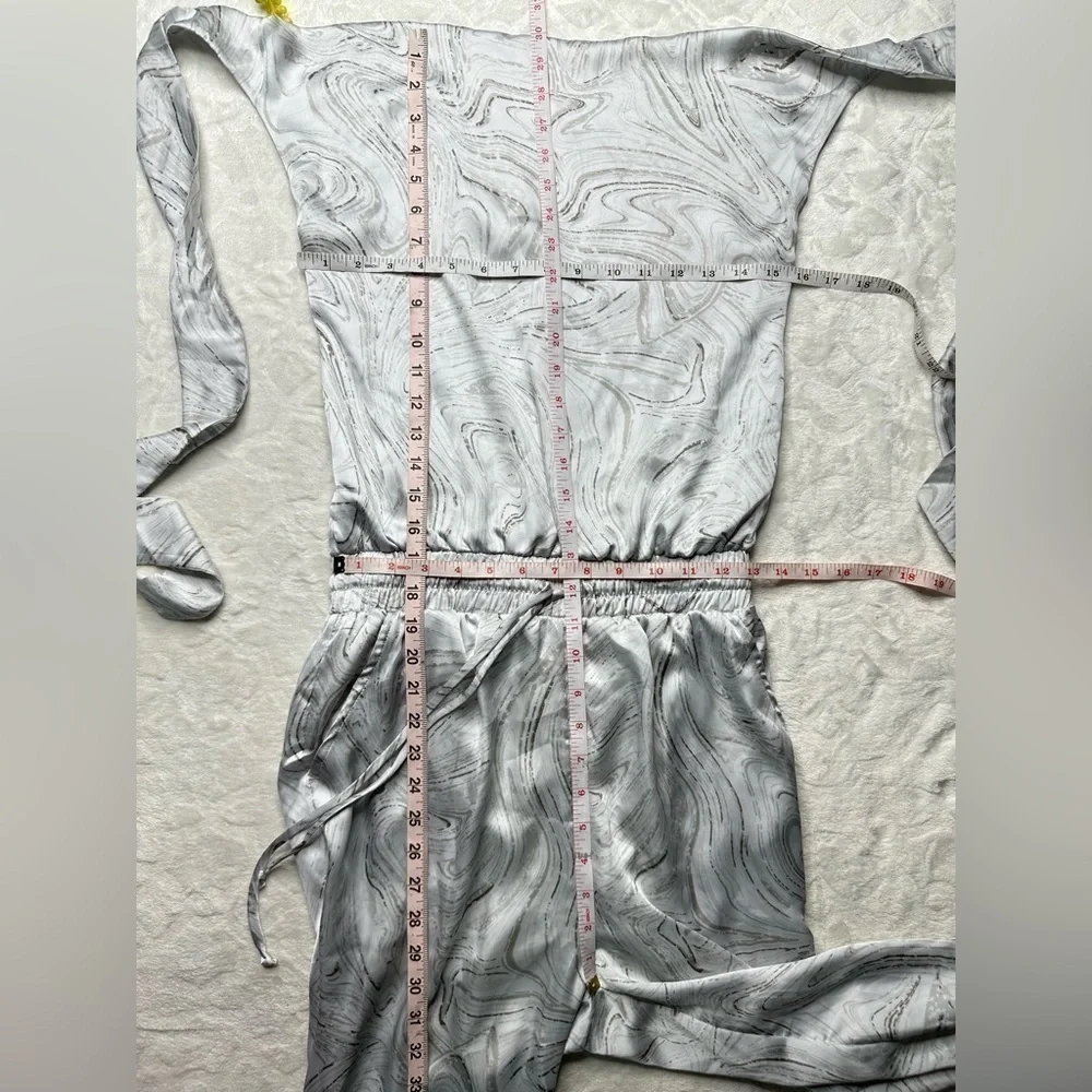 Caramela Marble Print Satin Halter Top Jumpsuit in White and Gray Womens Small